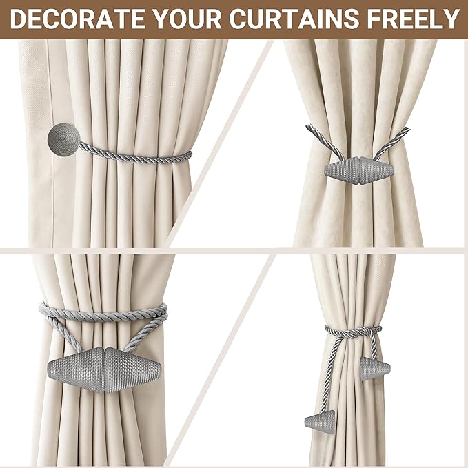 Hion Magnetic Curtain Tiebacks Grey 2pcs, Curtain Tiebacks Buckles Holdbacks Holders Hooks Clip for Home Bedroom Office Decorative Curtain