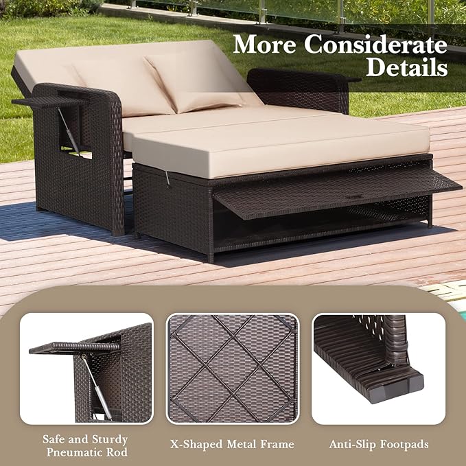 Tangkula Patio Rattan Daybed with 4-Level Adjustable Backrest, Outdoor PE Wicker Loveseat with Storage Ottoman & Folding Side Tray, Double Sunbed Lounger for Balcony, Backyard & Poolside