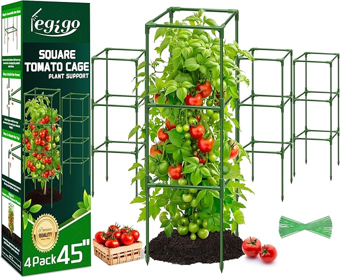 Legigo 4 Pack Square Tomato Cages for Garden- Up to 45 Inch Tomato Trellis Plant Cages Support, Tomato Stakes and Supports Cage for Climbing Vegetables Raised Garden Bed Cucumbers Peppers Flowers
