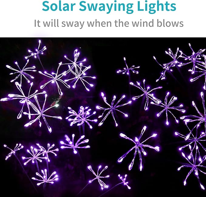 JJGoo Solar Garden Lights, New Upgraded 2 Pack Solar Swaying Starburst Light, Waterproof Fireworks Outdoor Lights, Yard Patio Pathway Decoration, Purple