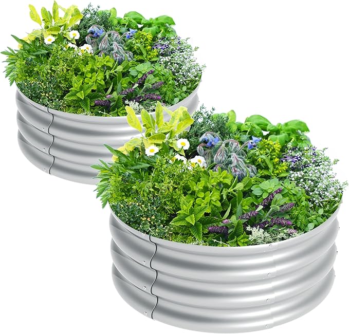 2Pcs 2X2X1ft Round Raised Garden Bed Kit,Galvanized Raised Garden Beds Outdoor, Metal Planter Box Steel Kit Flower Herb,Vegetables..Galvanized