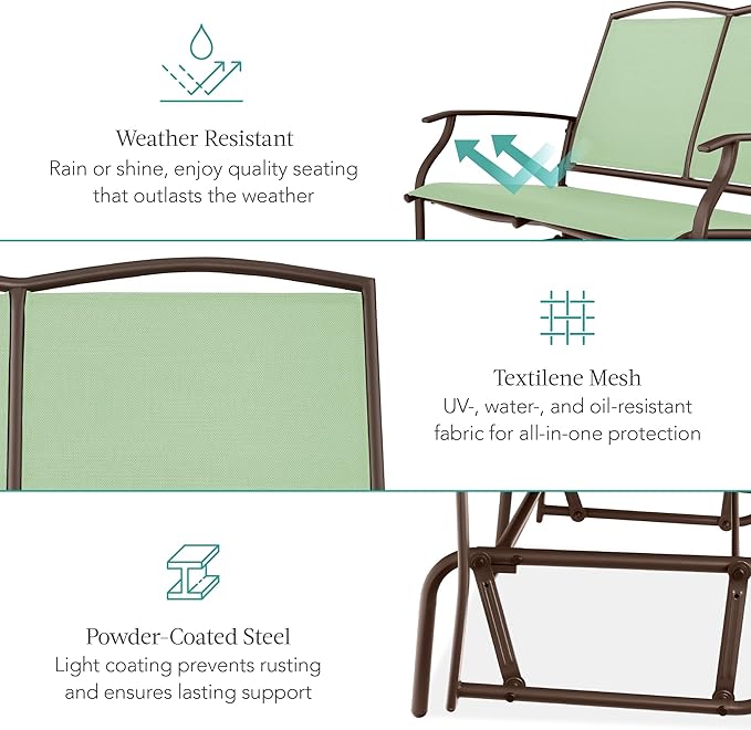 Best Choice Products 2-Person Outdoor Patio Swing Glider Steel Bench Loveseat Rocker for Deck, Porch w/Textilene Fabric, Steel Frame - Sage Green/Brown