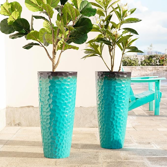Glitzhome 31" H Oversized Tall Planter, Set of 2 Honeycomb Textured Gradient Turquoise Plastic Tall Outdoor Planters with Drainage Holes, Round Large Flower Pots for Indoor Outdoor Front Door Patio
