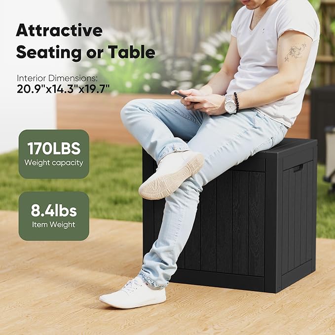 NEWBULIG 31 Gallon Outdoor Storage Box, Waterproof Deck Box with Lockable Lid, Patio Furniture Bench & Side Table, Easy Assembly, for Garden, Pool, Patio & Backyard Organization, Black