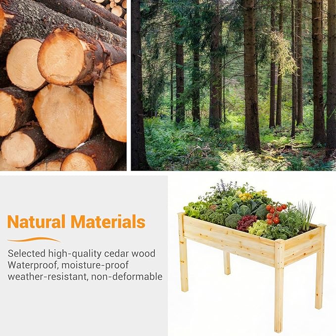 DUMOS Raised Garden Bed with Legs, 48x24x30in Wood Elevated Planter Box w/Bed Liner for Herbs Flowers Vegetables, 300lbs Capacity Outdoor Gardening Planters for Patio Balcony Backyard, Natural Wood