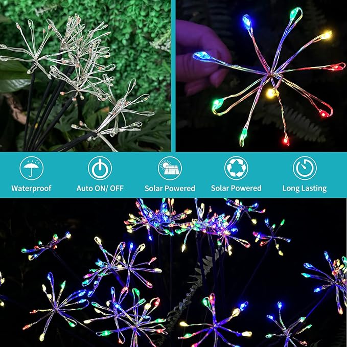 JJGoo Solar Garden Lights, New Upgraded 2 Pack Solar Swaying Starburst Light, Waterproof Fireworks Outdoor Lights, Yard Patio Pathway Decoration, Colorful