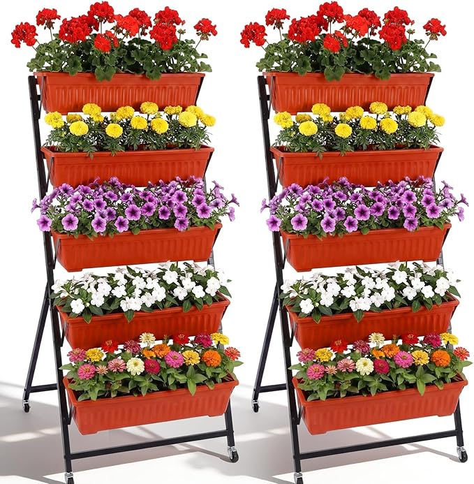 2 Pack 5-tier Vertical Garden Planter 4.5 ft Tall Raised Garden Bed with Lockable Wheels & Drainage, Removable Elevated Herb Vegetable Flower Planter for Patio Deck Indoor Outdoor(Brick Red)