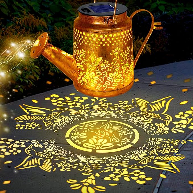 Solar Powered Hummingbird with Flowers Watering Can Lights Waterproof Outdoor Garden Decor with Shepherd Hook, Hanging Lights for Yard, Porch, Backyard Perfect Christmas Gift for Women, Mom, Grandma