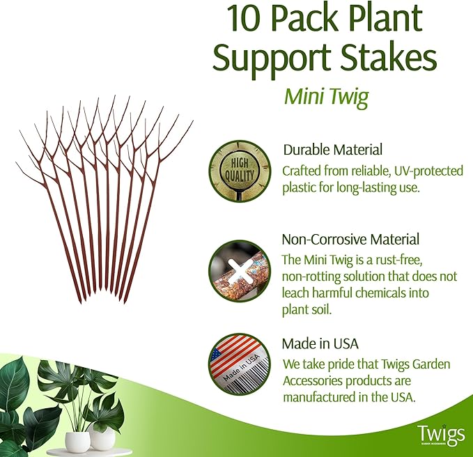 Mini Twigs Plant Support Stakes for Small Plants, Indoor & Outdoor Use, Gardening Supplies, Garden Accessories, Trellis & Ring Alternative, Made in USA - Begonia (Red), 10 Pack, 12" L