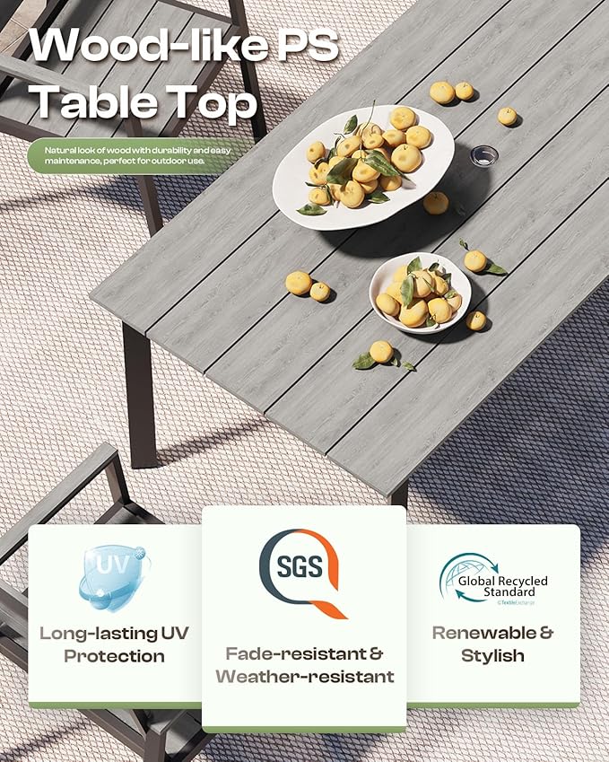 67"*32.3"*29.5" Patio Dining Table, Seamless Rectangle Aluminum + HDPS Outdoor Patio Dining Table with Umbrella Hole, Weather-Resistant for Lawn, Garden, Yard and Indoor Use (Gray)