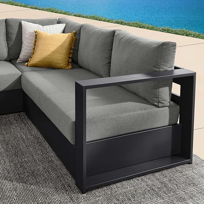 Modway Tahoe Aluminum 3-Piece Outdoor Patio Furniture Gray Charcoal, Modular Sectional Sofa Set with Weather-Resistant Cushions, Ideal for Deck, Backyard Poolside