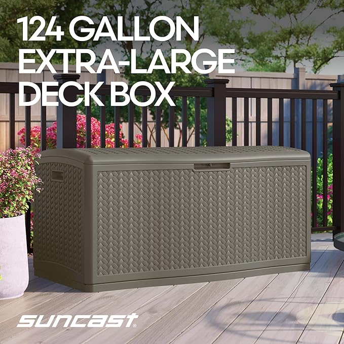 Suncast Extra Large Deck Box - 124 Gallon Resin Outdoor Storage Box with Lockable Lid for Outdoor Cushion Storage, Toys, & Garden Gear, Stoney Grey Wicker Bin for Patio, Porch, Pool, & Yard