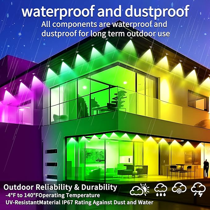 100FT Permanent Outdoor Lights Waterproof Smart LED RGB Light with App/Remote Control, Music Sync & DIY Scenes, Permanent Christmas Lights for House Roof, Parties & Daily Decor