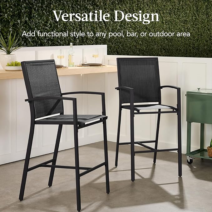 Best Choice Products Outdoor Bar Stools Set of 2, Bar Height, Patio Furniture, All Weather Mesh Design w/Armrest - Black /Black