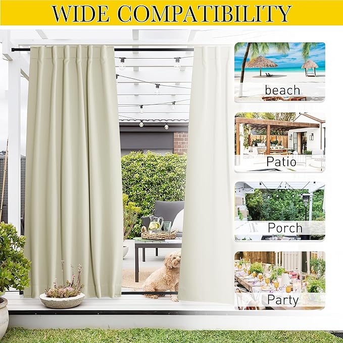 NICETOWN 2 Panels Outdoor Curtains Waterproof Pocket & Back Tab on Top & Bottom, Thermal Insulated Windproof Sun Blocking Outside Privacy Drapes for Patio with Fixed Rope, W52 x L95, Beige