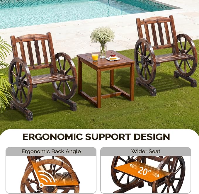 VINGLI Rustic Wooden Patio Chair with Wagon Wheel Armrests, Outdoor Dining Chairs Solid Wood Frame Seating for Farmhouse Garden Porch Lawn Balcony (Rustic, Chair)