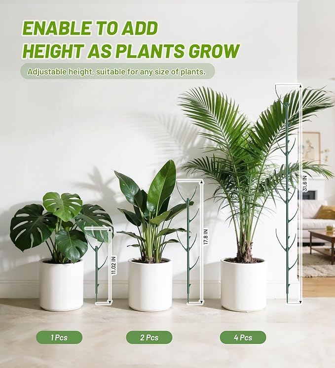 Plant Support Stakes, 6 Pcs Stackable Plant Support Poles with 20 Clips, 1 Roll Tie for Indoor Outdoor Monstera Climbing Plants, Green