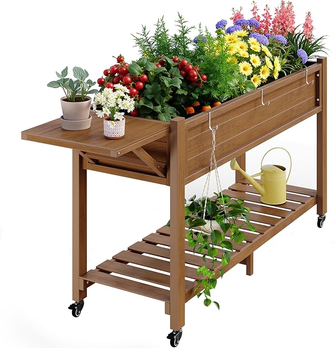 YEFU Raised Garden Bed with Legs: 57x18x30in Weight Capacity 400lb - Waterproof Raised Planter Box with Wheels - Elevated Garden Bed with Storage Shelf - Weather Resistant - for Deck/Patio/Porch/Teak