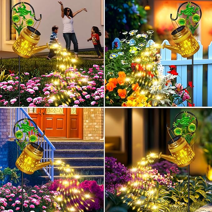 Solar Lanterns Outdoor Garden Decor, Mothers Day Gifts for Women Mom Grandma Birthday, Large Frog Hanging Watering Can with Shepherd Hook, Waterproof Garden Lights for Outdoor Yard Christma Gifts