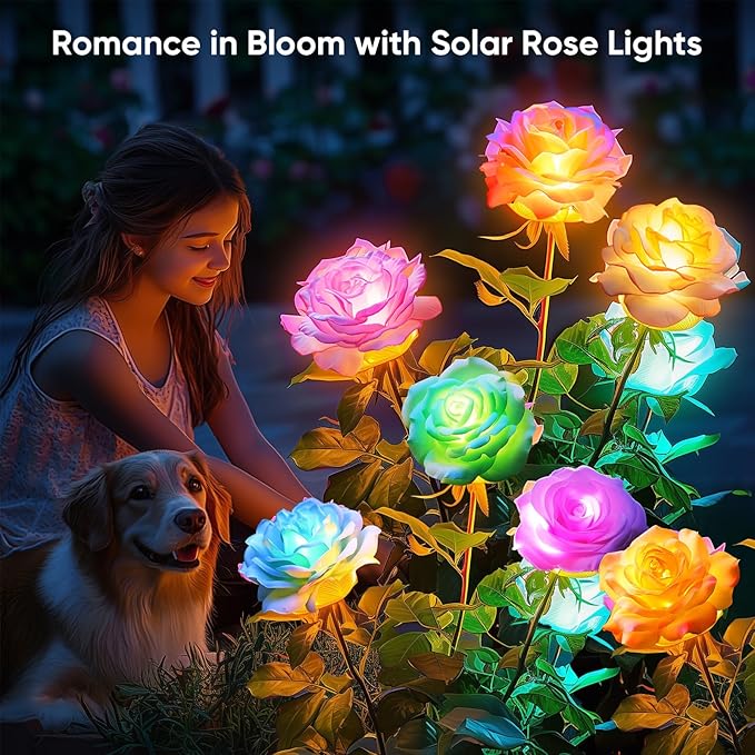 Solar Rose Lights Outdoor: 4 Pack IP65 Waterproof 7-Color Changing LED Flower Stakes for Garden Pathway Patio Lawn Decorative - Auto On Off 10H+ Lighting