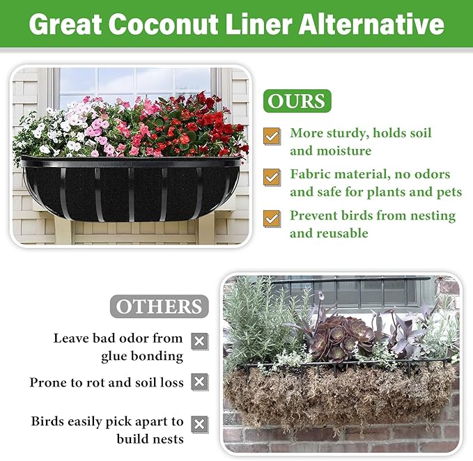 Riare 6 Pack 30 Inch Black Felt Window Box Liners- Fabric Trough Planter Basket Liners Replacement, Non-Woven Hanging Plant Liner for Wall Hanging Basket, Garden Fence Railing (Avoid Bird Nesting)