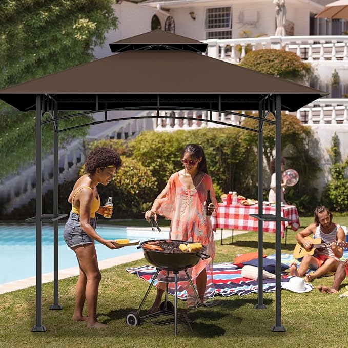 Grill Gazebo Replacement Top, 5 * 8 Outdoor BBQ Top Cover, Double Layer BBQ Gazebo Top Canopy for Model #L-GG001PST-F (Brown)
