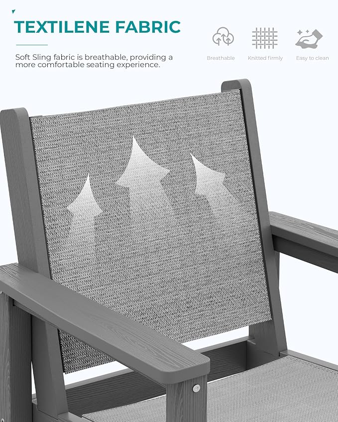 SERWALL 3 Pieces Textilene Adirondack Bar Set, Tall Adirondack Bar Height Chairs with Bar Table, Sling Balcony Adirondack Chairs, Weather Resistance Resin Outdoor Bar Height Stools, Gray