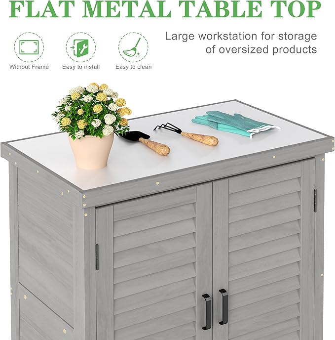 Outdoor Potting Bench with Storage Cabinet and Metal Top, Wood Workstation for Outdoor Patio, Garden (Light Grey, 31x17x36‘’)