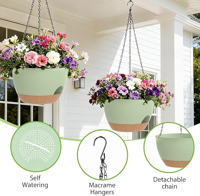 8 Inch Hanging Planters for Indoor Outdoor Plants, 4 Pack Green Brown Plastic Self Watering Hanging Baskets with Drainage Holes and Chain for Garden Porch