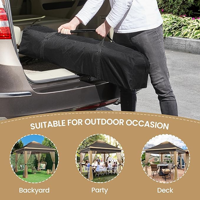 Yaheetech 11x11 Pop Up Gazebo Outdoor Canopy Shelter, Instant Patio Gazebo Sun Shade Canopy Tent with 4 Sandbags, 2 Tiers Roof & Mesh Netting for Lawn, Garden, Backyard & Deck, Brown