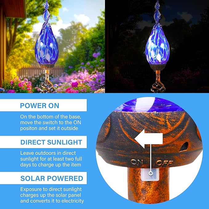 Solar Garden Lights Outdoor, Decorative LED Flame Garden Stakes, Hand Blown Glass and Outdoor Waterproof Glass Stakes (Dark Blue)