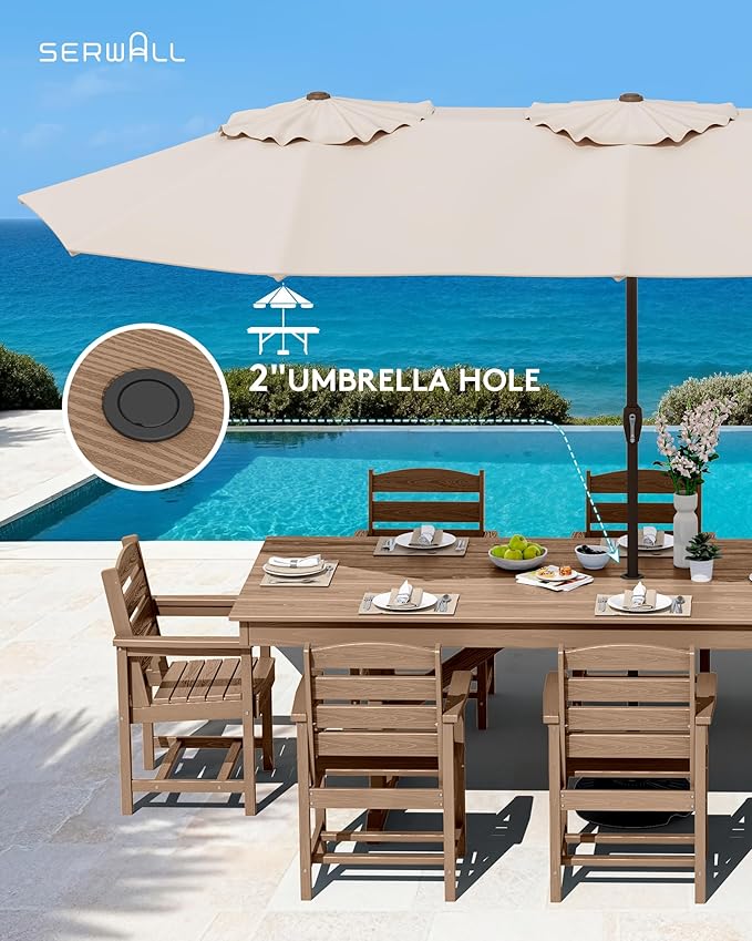 SERWALL 9 Piece Outdoor Dining Set, 84" HDPE Outdoor Table and Chairs for 8，All Weather Patio Furniture Set with Umbrella Hole for Backyard, Garden, Brown