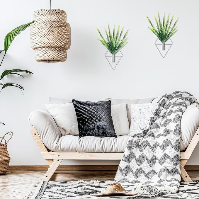 2 Pieces Wall Decor Hanging Planters with Artificial Plants Metal Hanging Vase Indoor Plants Holder Modern Boho Wall Art for Bathroom Bedroom Living Room Decor(Silver,Boston Fern)