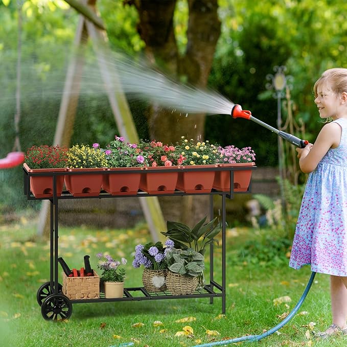 YBING Elevated Garden Bed with Wheels Outdoor 42x17x30in Elevated Raised Planter Box Stand 6 Pocket Herb Garden Planter with Storage Shelf for Balcony Patio, Red