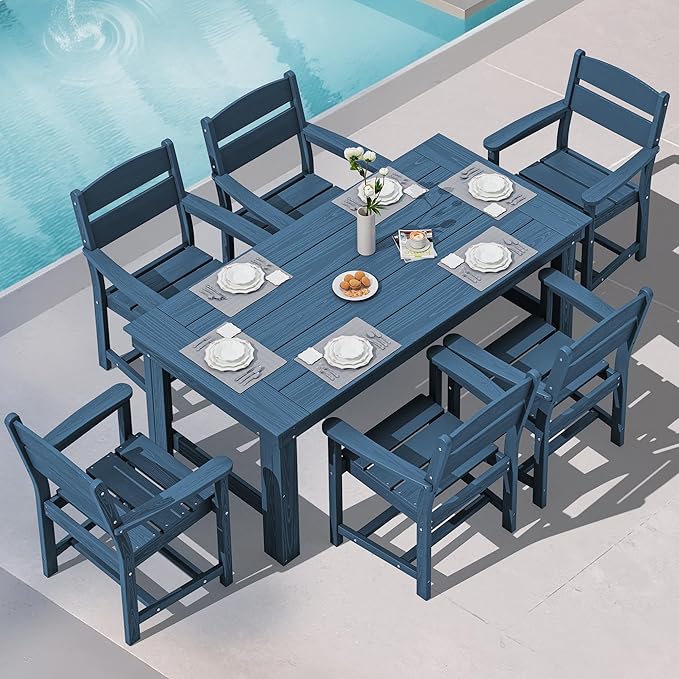 SERWALL Outdoor Dining Table Set, 67‘’ HDPE Patio Dining Set for 6, All-Weather Outdoor Table and Chairs Set for Deck, Blue