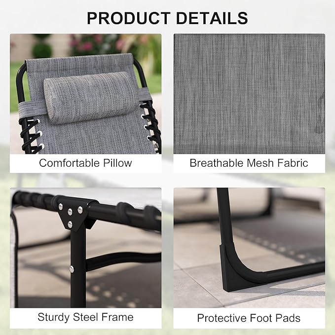 Outsunny Chaise Lounge Chair Outdoor, 5-Position Adjustable Sun Tanning Chair with Carrying Handle and Side Pocket, Folding Bed Cot with Removable Pillow for Garden, Beach, Patio, Pool, Camp, Gray