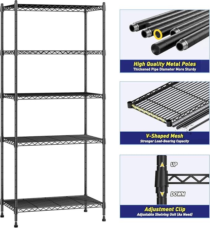 5-Tier Shelf 1010LBS Storage Shelves Adjustable Wire Shelving Metal Shelving Unit Storage Rack for Kitchen Pantry Closet Laundry School Commercial 59.4" Hx21.5 W x13.6 D