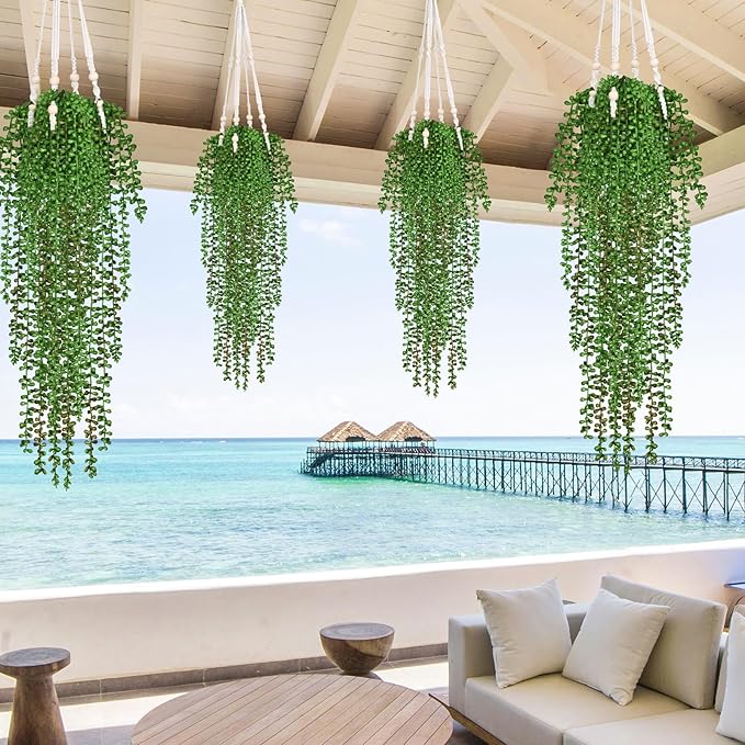 Waipfaru 4Pcs Artificial Hanging Plants, Fake Vines Fake Hanging Plants for Outdoors UV Resistant Ivy Artificial Plants Outdoor Faux Plants Indoor Bedroom Living Room Boho Wall Porch Shelf Decor