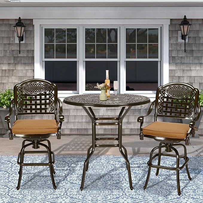 VIVIJASON 3-Piece Outdoor Swivel Bar Stools Set, All Weather Cast Aluminum Patio Bar Height Bistro Set with 2 Cushioned Bar Chairs & 38.5" High Bar Table w/Umbrella Hole for Backyard, Lawn, Garden