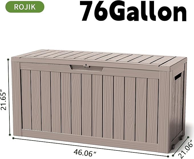 ROJIK Outdoor Storage Housing Deck Box - Waterproof Patio Furniture, Garden Tools, Cushions, Pool Accessories Storage Bench with Lockable Lid and Side Handles (Grey 76 Gal)