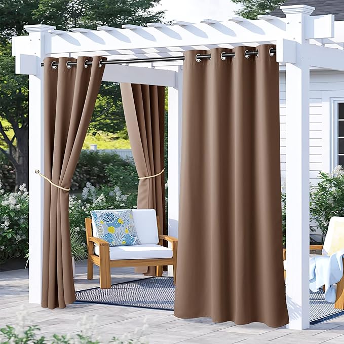 NICETOWN 2 Panels Patio Blackout Outdoor Curtains Waterproof, Thermal Insulated Stainless Steel Rustproof Grommet Indoor Outdoor Curtains & Drapes for Yard/Gazebo, Tan, W52 by L72