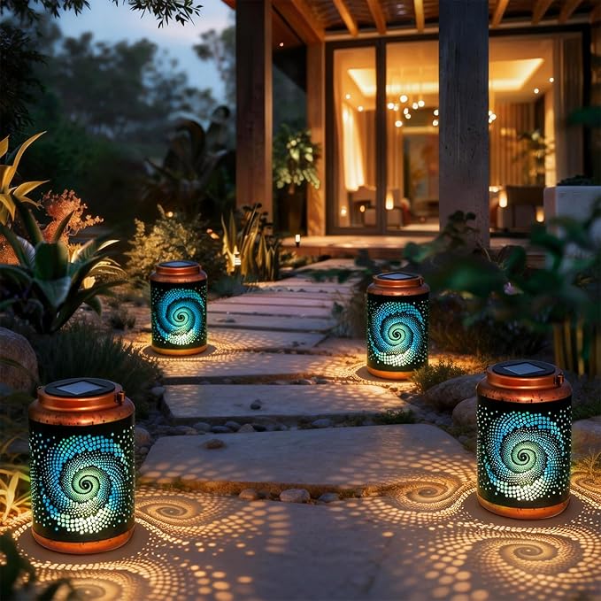 2 Pack Solar Lanterns Outdoor Hanging Metal Waterproof LED with Solar Powered Garden Patio Decorations Decor with Handle Christmas Gift Idea