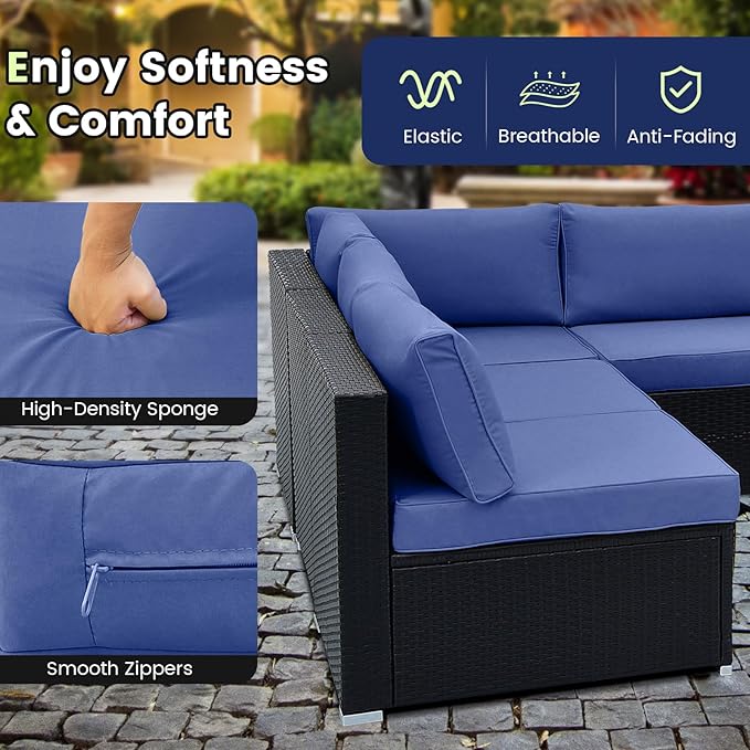 Tangkula 10 Pieces Patio Sofa Set, Outdoor Wicker Conversation Set with Soft Cushions, Tempered Glass Tabletop, Sofa Fastener Clips Included, Rattan Furniture Set for Backyard, Poolside (Navy)