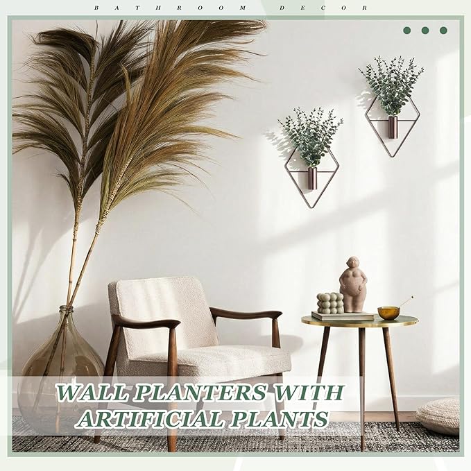 Jexine 4 Pcs Hanging Planters with Artificial Eucalyptus Metal Hanging Vase Indoor Plants Holder Modern Geometric Boho Bathroom Wall Decor for Living Room Home Office, Bronze