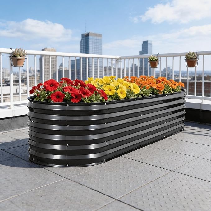 G GOOD GAIN Raised Garden Beds - 8x2x1.4ft Galvanized Planter Boxes Kit with Protective Tape & Gloves & Tools | Oval Metal Outdoor Raised Bed for Gardening Vegetables, Fruits, Flowers, Herbs, Grey