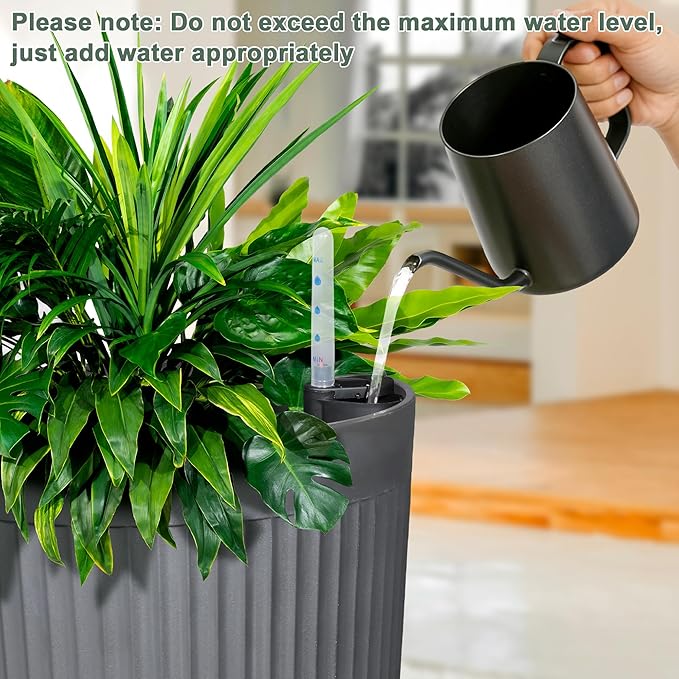 24" Large Planter Set of 2, Self Watering Tall Plastic Planters for Outdoor Plants, Modern Flower Pots Planter Outdoor for Patio, Front Door Decor, with Drainage (Gray Ribbed)