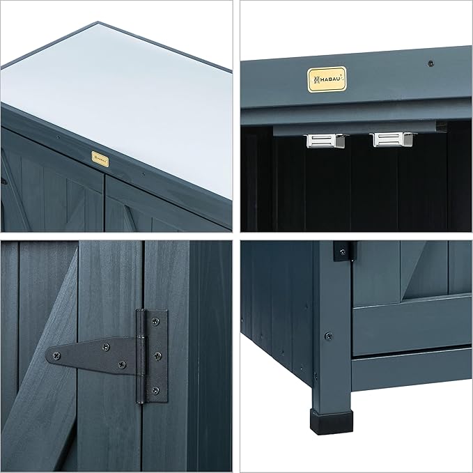 HABAU Outdoor Storage Cabinets Weatherproof for Patio, Garden Work Bench with Shelves & Metal Tabletop, Wooden Potting Table Workstation