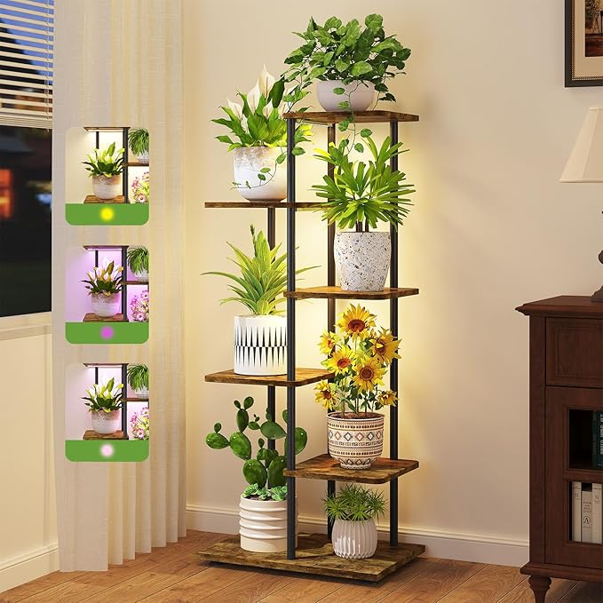iDavosic.ly 5 Tier Plant Stand Indoor with Light, Tiered Corner Metal Wood Multiple Flower Holder Shelf, 42 Inch Tall Orchid Display Grow Rack for Living Room Bedroom, Modern Black & Rustic Brown