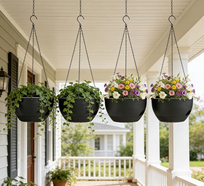 Set of 2-8 Inch Self Watering Hanging Planters for Indoor Outdoor，Hanging Plant Pots with Drainage & Removable Tray, Hanging Pots Holder for Ivy, Pothos, Ferns, Balcony & Patio, Black