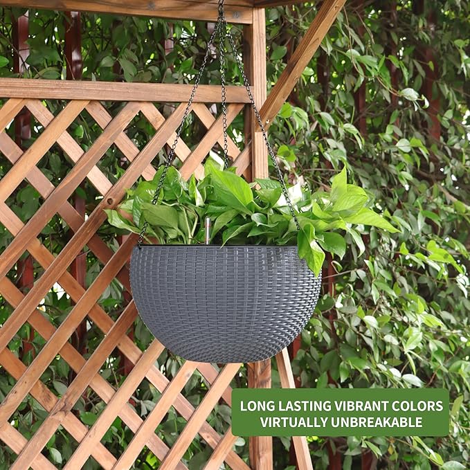 Dexceder 9 Inch Self Watering Hanging Planters Indoor Outdoor, Thickened Hanging Basket Flower Plant Pot with Water Level Indicator (Gray)